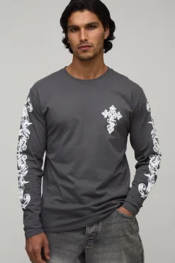 T-shirt Anthracite À Manches Longues Coupe Regular Avec Imprimé Gothique Sur Les Manches