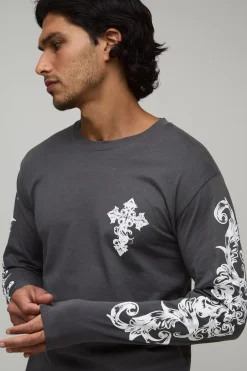 T-shirt Anthracite À Manches Longues Coupe Regular Avec Imprimé Gothique Sur Les Manches