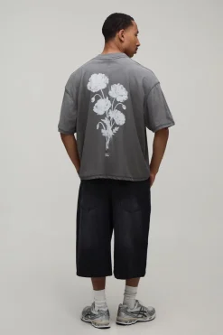 T-shirt Anthracite Oversize Boxy Coutures Apparentes Imprimé Floral Effet Spray Délavé
