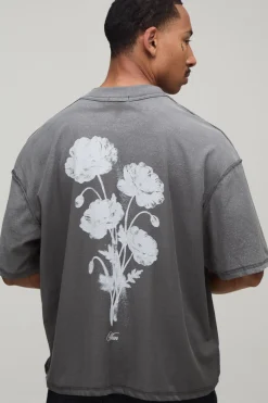 T-shirt Anthracite Oversize Boxy Coutures Apparentes Imprimé Floral Effet Spray Délavé