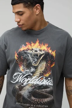 T-shirt Anthracite Oversize Imprimé Flammes Et Synthétique Effet Délavé Vintage