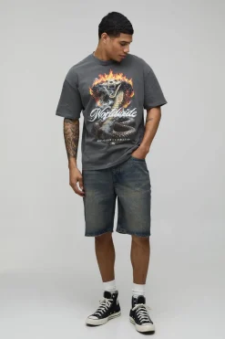 T-shirt Anthracite Oversize Imprimé Flammes Et Synthétique Effet Délavé Vintage