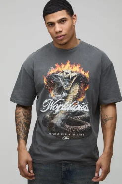 T-shirt Anthracite Oversize Imprimé Flammes Et Synthétique Effet Délavé Vintage