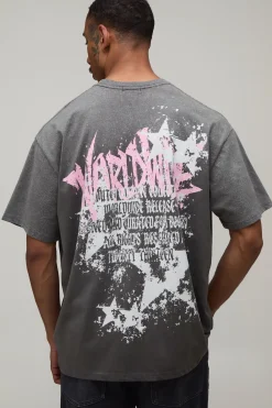 boohooMAN T-shirt Anthracite Oversize Imprimé Étoile Graffiti Effet Spray Délavé<Homme T-Shirts Impriméstendances|T-Shirts