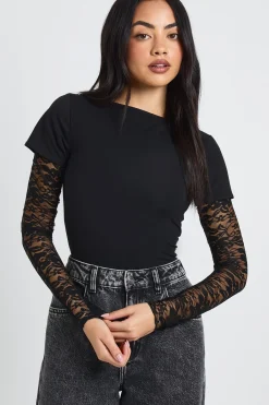 boohoo T-shirt Baby à Manches en Dentelle<Femme Satin Et Dentelle|Tops