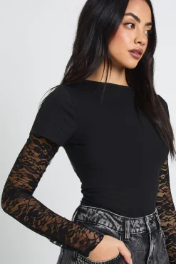 boohoo T-shirt Baby à Manches en Dentelle<Femme Satin Et Dentelle|Tops