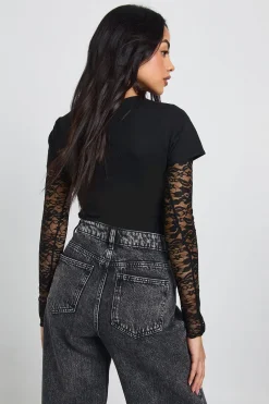 boohoo T-shirt Baby à Manches en Dentelle<Femme Satin Et Dentelle|Tops
