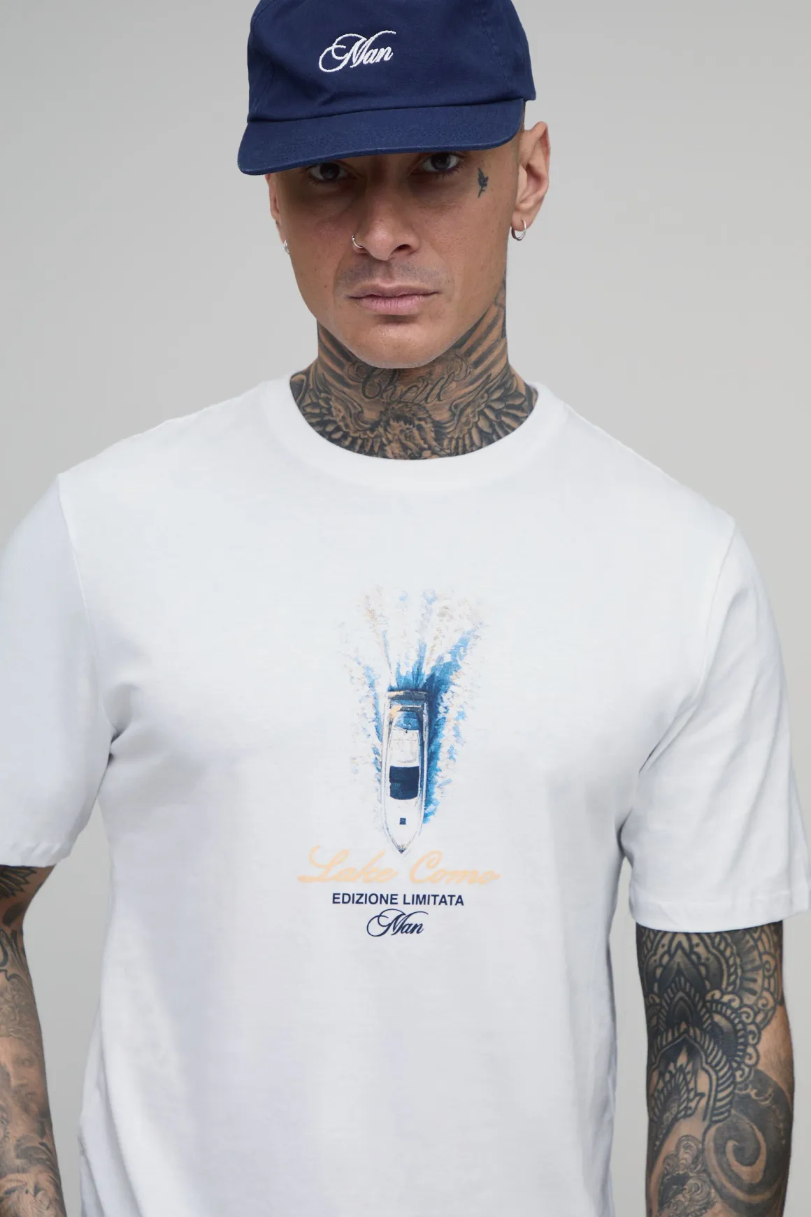 T-shirt Blanc Imprimé Lac De Côme Coupe Ample Décontractée Taille Haute