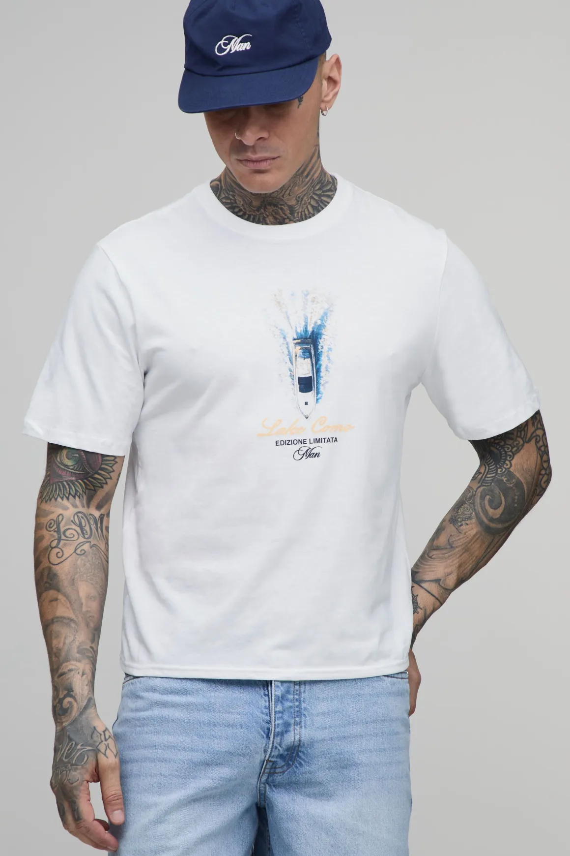 T-shirt Blanc Imprimé Lac De Côme Coupe Ample Décontractée Taille Haute
