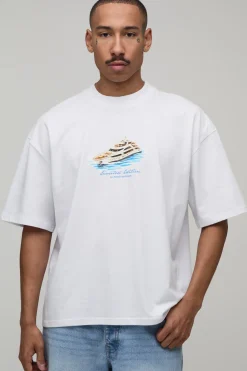 T-shirt Blanc Oversize Ample À Imprimé Yacht