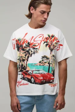 T-shirt Blanc Oversize Boxy Palm Springs Avec Imprimé Sur Les Coutures