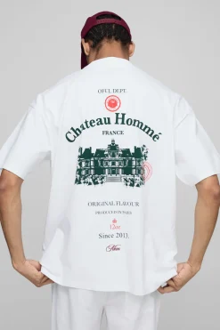 boohooMAN T-shirt oversize à col étendu, imprimé Chateau<Homme T-Shirts Impriméstendances|T-Shirts