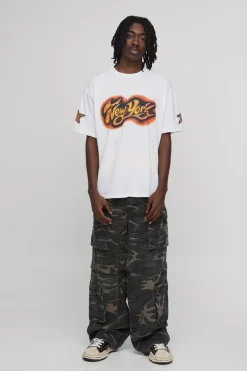 T-shirt Blanc Oversize Imprimé New York Effet Aérographe