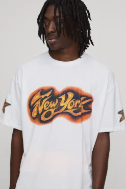 T-shirt Blanc Oversize Imprimé New York Effet Aérographe