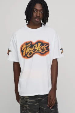 T-shirt Blanc Oversize Imprimé New York Effet Aérographe