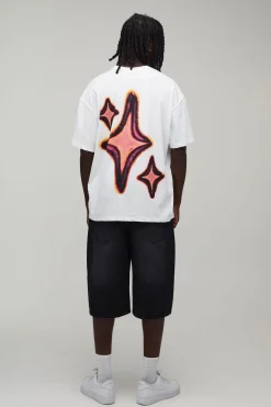T-shirt Blanc Oversize Imprimé Graffiti Étoile Thermosensible