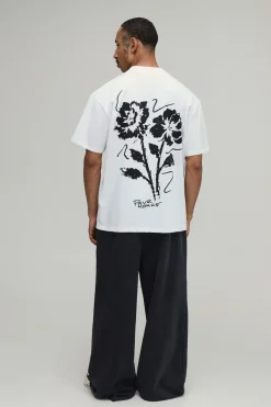 T-shirt Blanc Oversize À Imprimé Floral Esquissé