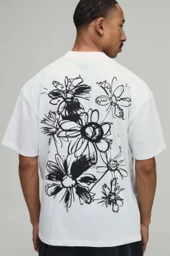 T-shirt Blanc Oversize À Imprimé Floral Griffonné