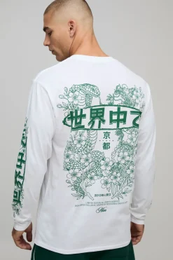 T-shirt blanc régulier à manches longues à imprimé dragon