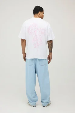 T-shirt Blanc Surdimensionné À Imprimé Gonflé Motif Floral Au Pochoir