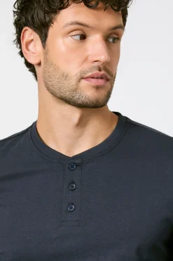 T-Shirt Bleu Marine à Manches Longues Col Grand-Père
