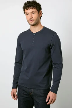 T-Shirt Bleu Marine à Manches Longues Col Grand-Père