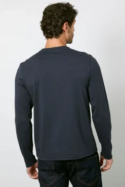 T-Shirt Bleu Marine à Manches Longues Col Grand-Père