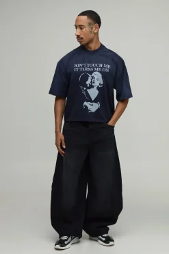 T-shirt Bleu Marine Oversize Raccourci Avec Graphisme Slogan Et Effet Spray Délavé
