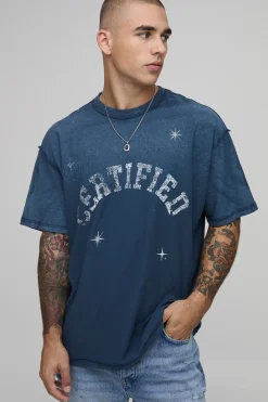 T-shirt Bleu Oversize À Coutures Apparentes Avec Lavage Spray Officiel