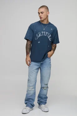 T-shirt Bleu Oversize À Coutures Apparentes Avec Lavage Spray Officiel