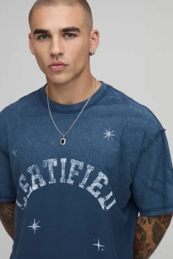 T-shirt Bleu Oversize À Coutures Apparentes Avec Lavage Spray Officiel