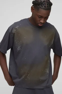 T-shirt boxy oversize délavé à strass