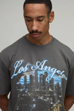 T-shirt Boxy Oversize Gris Anthracite À Imprimé Ville De Los Angeles