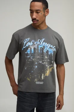 T-shirt Boxy Oversize Gris Anthracite À Imprimé Ville De Los Angeles
