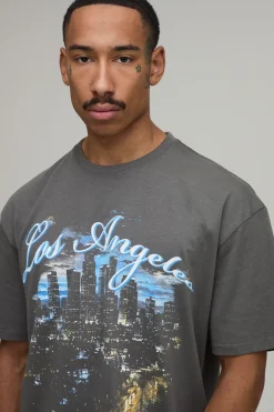 T-shirt Boxy Oversize Gris Anthracite À Imprimé Ville De Los Angeles