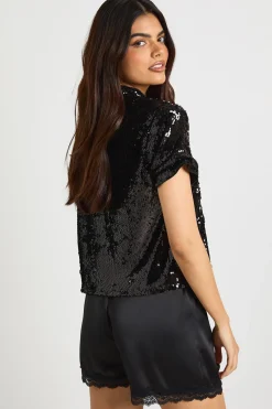 T-shirt boxy à épaulettes en paillettes