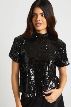 T-shirt boxy à épaulettes en paillettes