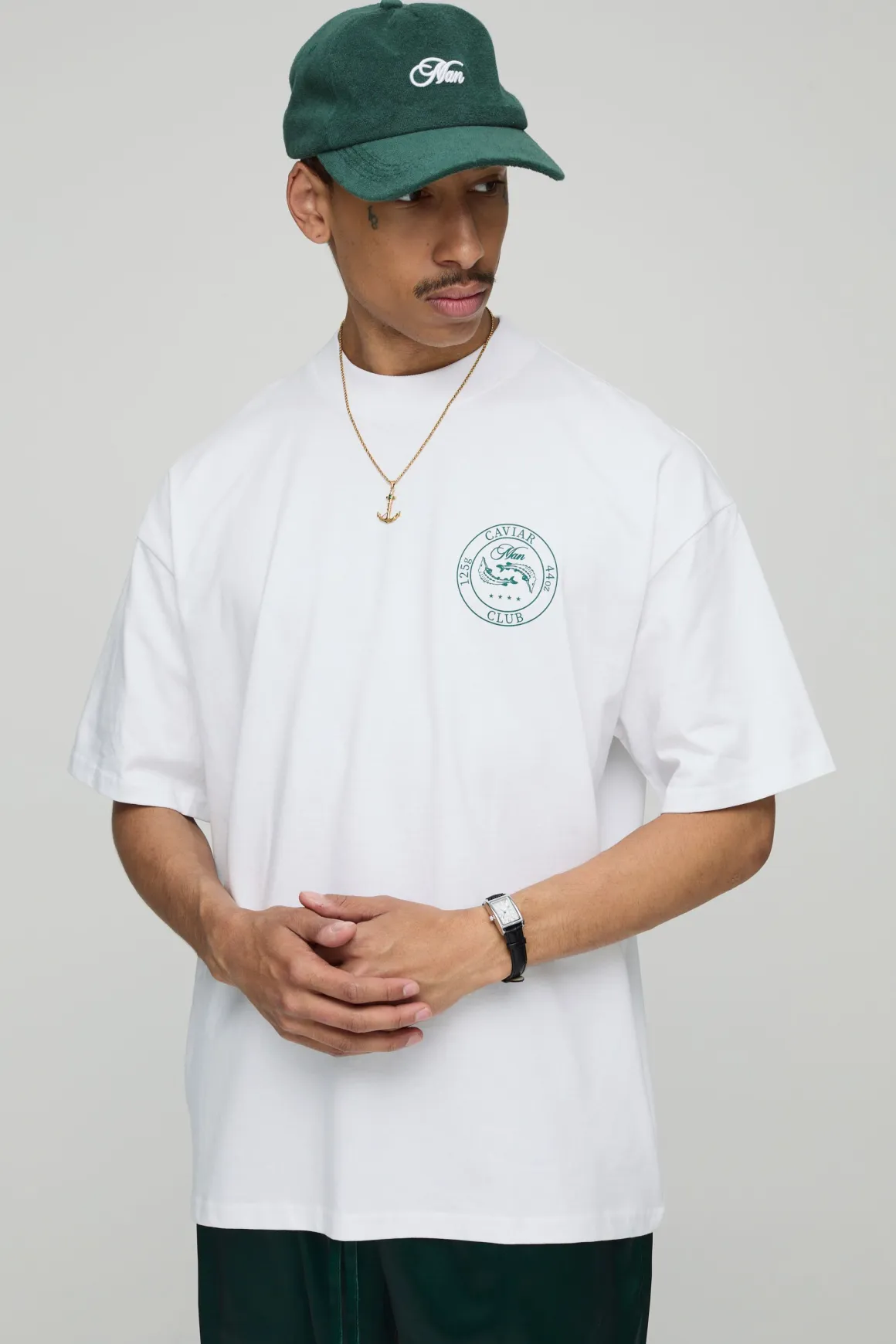 T-shirt Caviar Club pour Homme Blanc Surdimensionné à Encolure Allongée