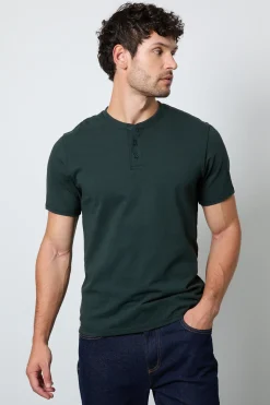 T-shirt Col Grand-père Vert Foncé