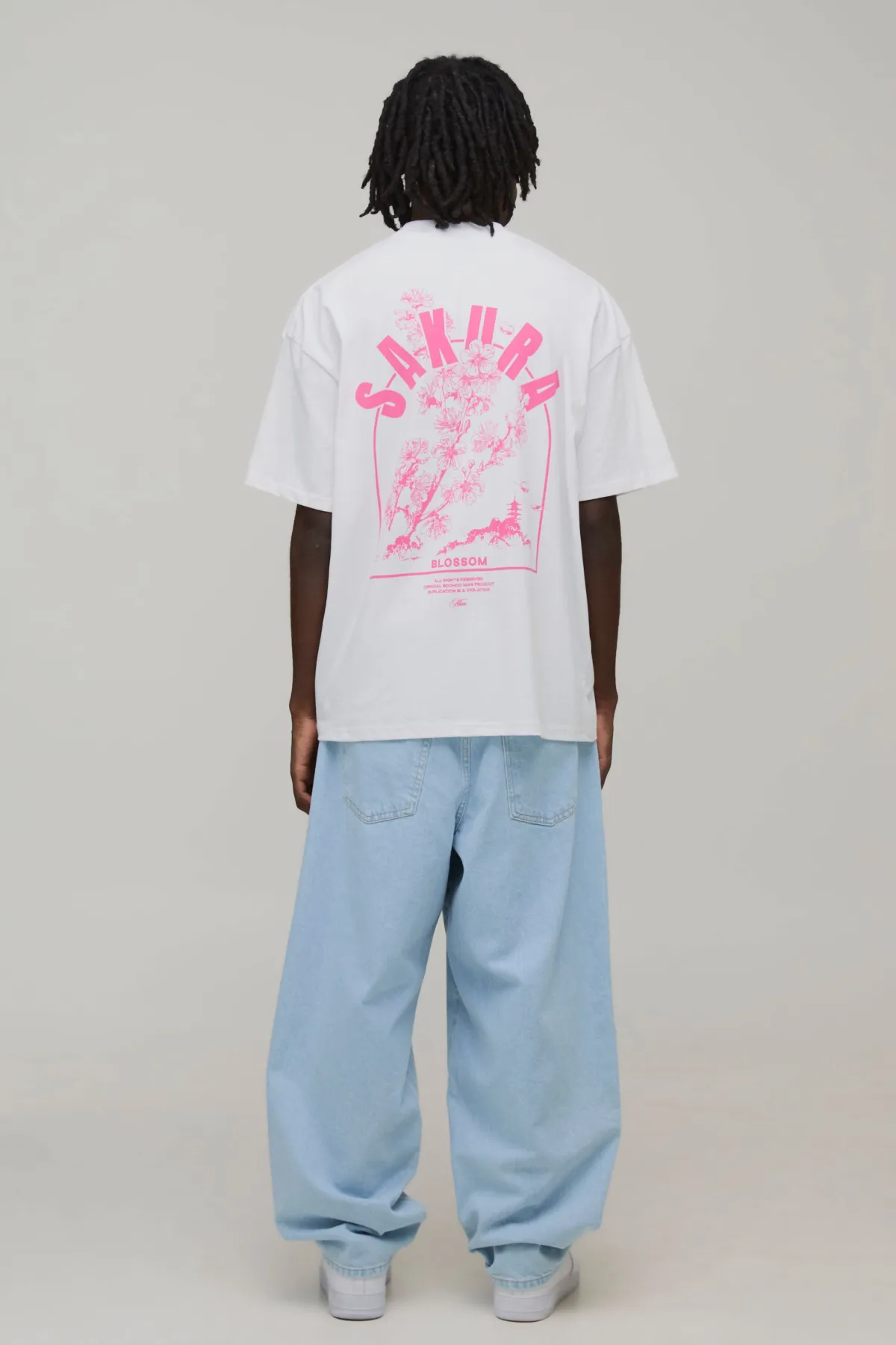 boohooMAN T-shirt Col Rallongé Oversize Imprimé Sakura En Coton Épais<Homme T-Shirts Impriméstendances|T-Shirts