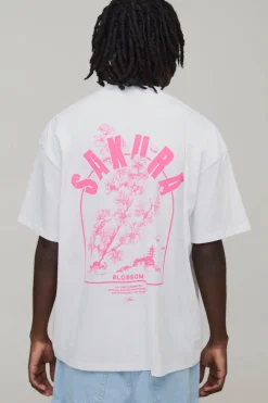 boohooMAN T-shirt Col Rallongé Oversize Imprimé Sakura En Coton Épais<Homme T-Shirts Impriméstendances|T-Shirts