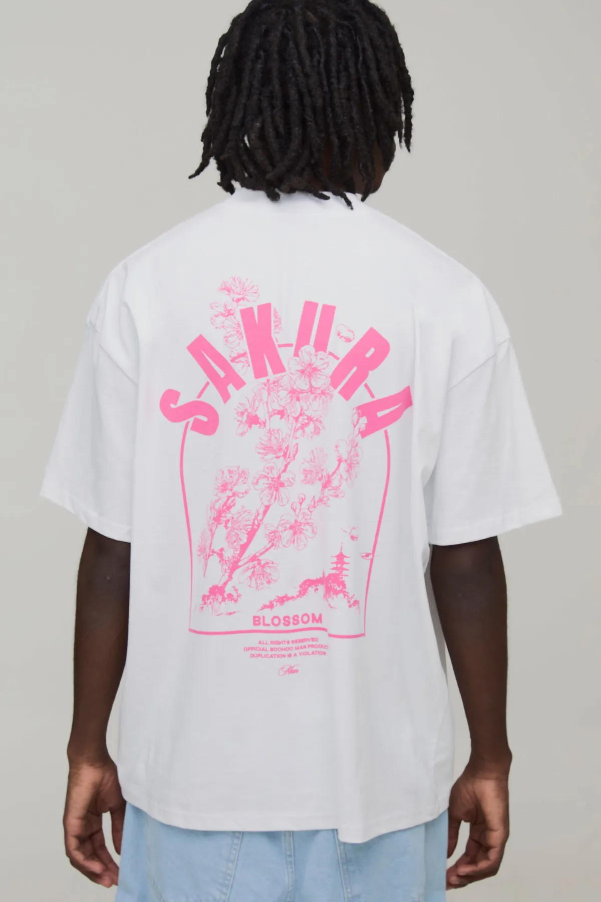 boohooMAN T-shirt Col Rallongé Oversize Imprimé Sakura En Coton Épais<Homme T-Shirts Impriméstendances|T-Shirts