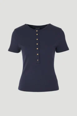 T-shirt Col Rond Côtelé en Viscose avec Boutonnage