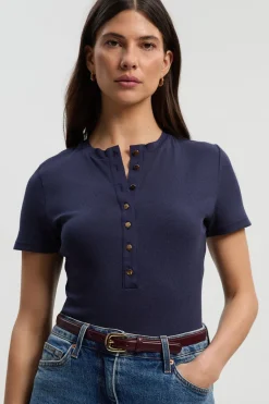 T-shirt Col Rond Côtelé en Viscose avec Boutonnage