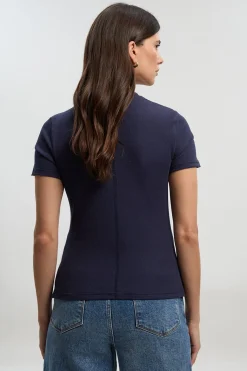 T-shirt Col Rond Côtelé en Viscose avec Boutonnage
