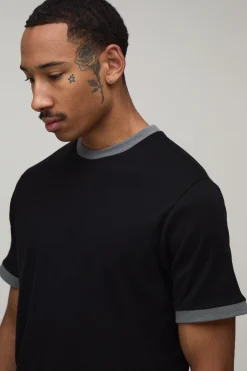 boohooMAN T-shirt À Col Rond Ringer Texturé Coupe Boxy Regular<Homme Tout Afficher|T-Shirts
