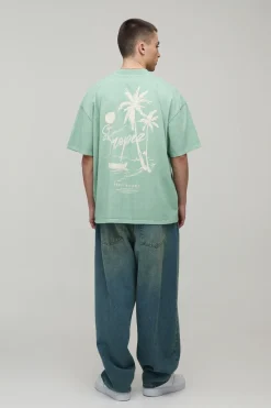 T-Shirt Col Étendu Oversize Poids Lourd Imprimé Palmier Sauge Délavé