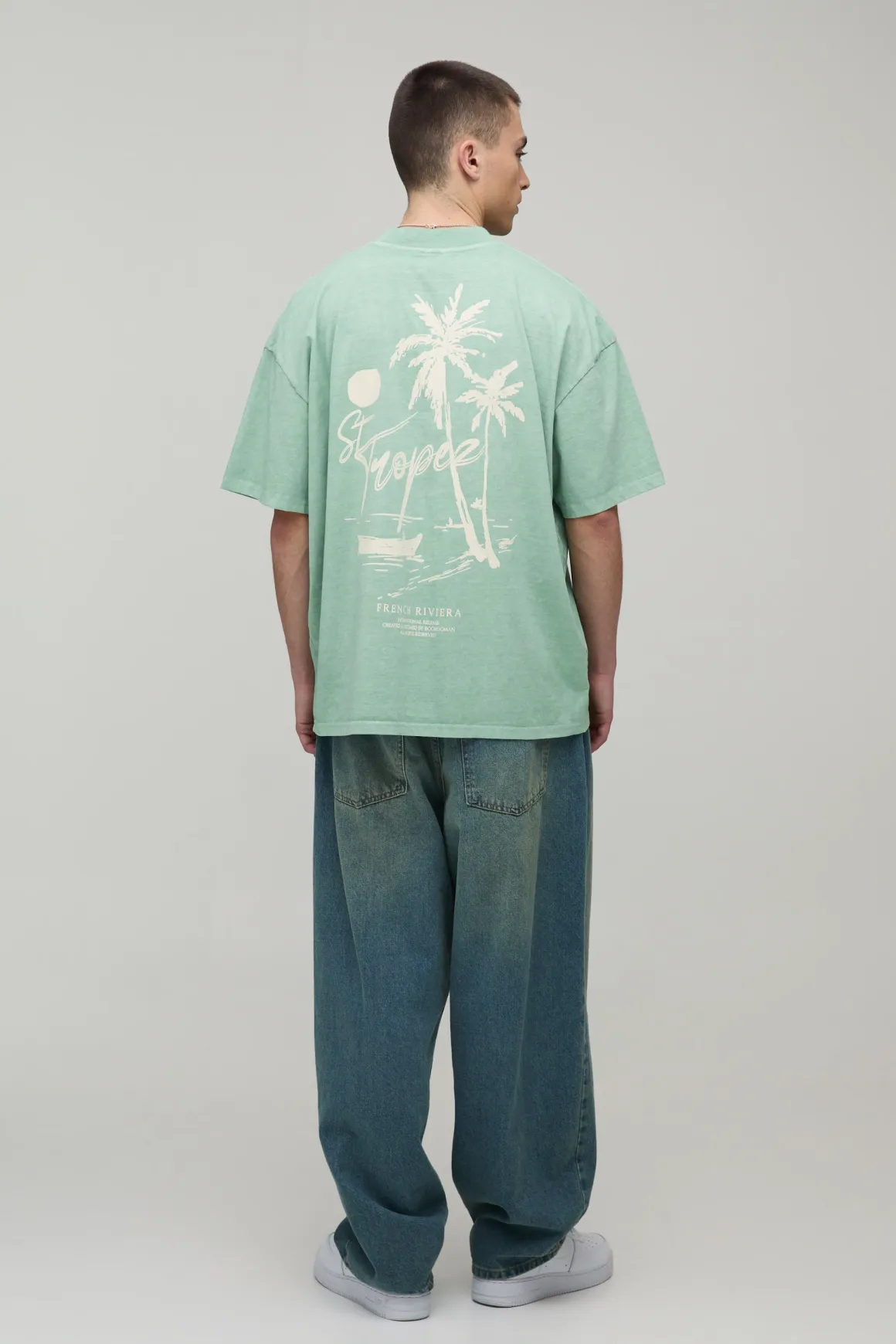 T-Shirt Col Étendu Oversize Poids Lourd Imprimé Palmier Sauge Délavé