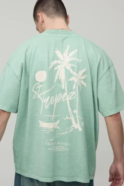 T-Shirt Col Étendu Oversize Poids Lourd Imprimé Palmier Sauge Délavé