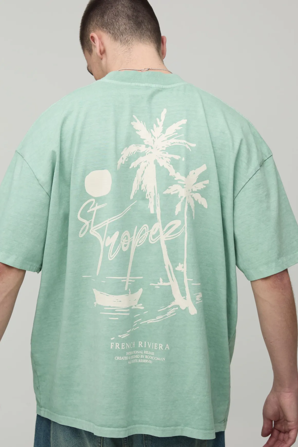T-Shirt Col Étendu Oversize Poids Lourd Imprimé Palmier Sauge Délavé